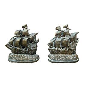 BRASS Sailing Ship Bookends Set of 2 Vintage MCM